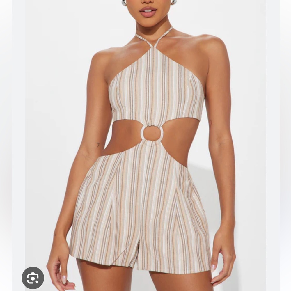 Striped Halter Cutout Ring Romper in Beige